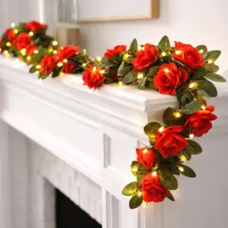 Red Rose Garland with LED Fairy Lights Option 6 Feet Long