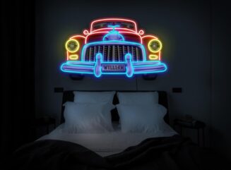 Retro Car Neon Sign,Vintage Car sign, Car Lover Gift, Kids Room Neon Sign, Garage Neon Sign Decor, Car Wall Art (Red-yellow-ice blue, 18inch(45x26cm))