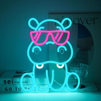 Hippo with Pink Sunglasses Neon Sign Cute Animal LED Sign for Bedroom Decor Cool Hippo Neon Light, Dimmable Cartoon Neon Signs, Acrylic Wall Art, USB Powered, Kids Room Bar Party Decor, Birthday Gift