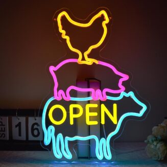 Farm Open Neon Sign Chicken Pig Cow Led Light for Chicken Coop Supermarket, Dimmable Farm Animal Meat ket Fast food Sign for Farmhouse Butcher Shop Decor