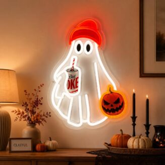 Halloween Ghost Pumpkin LED Neon Sign, 14 x 10 Inch Cute Ghost Neon Light with Orange Pumpkin Bucket and Soda Can, USB Powered Wall Decor for Halloween...