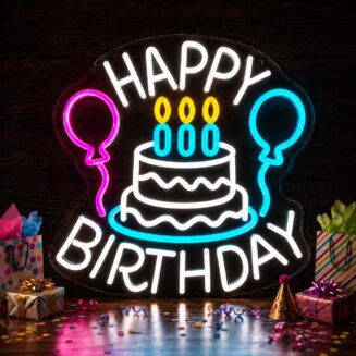 Happy Birthday Neon Sign, LED Birthday Cake Wall Decor Light, USB Powered Acrylic Neon Light for Party, Event, Bedroom
