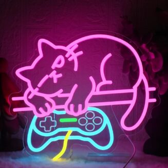 YUEYYNS Game Cat Neon Sign, Gamer Neon Signs for Wall Decor, Pink Cat Gamepad Shape LED Light Sign Dimmable Light Up Signs for Game Room Bedroom Cat Lovers..