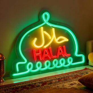 Halal Arabic Text Neon Sign, USB Powered Decorative Light for Halal Restaurant Cafe Home Wall Table Decor, Led Light Up Signs for Business Store, 16.1 x 13.8 In