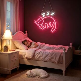 Pink Sleep Cat Neon Sign USB 5-Level Dimmable LED Wall Decor for Kids Room | Warm Light for Bedroom Cafe Bookstore Yoga Studio Dorm Lounge Apartment Kids
