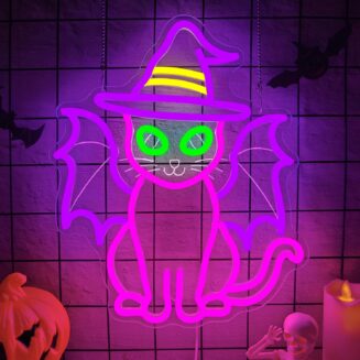 hhuohuona Witch Cat With Bat Wings Neon Sign Halloween Gothic Cat Led Sign | Halloween Cat Neon Sign,Witch Halloween Decorations,Dimmable Usb Power Kitten...