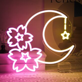 Sakura Moon Star Neon Sign Cherry Blossom Neon Light for Bedroom Dorm Decor