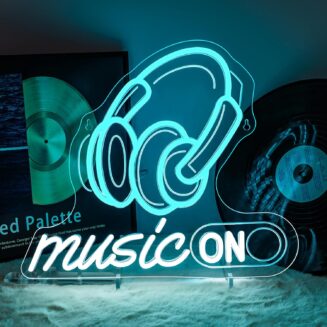 Music Neon Sign, Music On Neon Sign, Music LED Sign Dimmable for Wall Decoration, Headphones, Letter LED Lettering Sign for Studio, Concert Bar, Bedroom, Nightclub, Bedroom