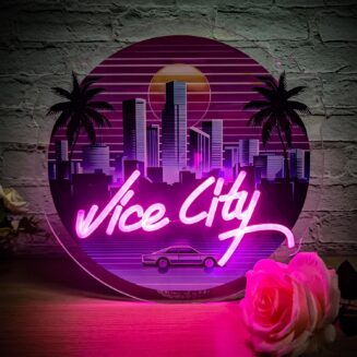 Pink Vice City Neon Sign - Dimmable Led Neon Sign for Bedroom 13.78 x 13.39 Inch,USB Powered for Gaming Room Bar Party Indoor Girl Pub Man Cave Kids Room