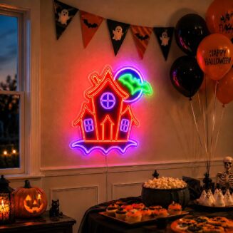 Halloween Neon Sign – Haunted House with Bats LED Neon Light, USB Powered Dimmable Wall Decor for Bedroom, Bar, Man Cave, Gothic Room, Halloween Party...
