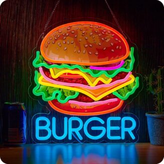 Burger Neon Sign for Wall Décor Hamburger Business Dimmable LED Light USB Powered Burgers Art Signs for Food Shop Restaurant Snack, Size:16.5 x 12.6inch