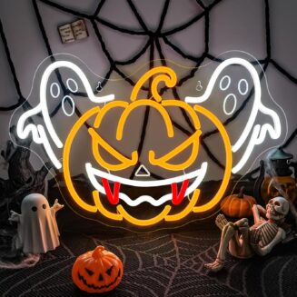 Halloween Ghost Pumpkin Neon Sign,Ghost Face Neon Light Spooky Pumpkin Neon Light Up Signs Dimmable LED Halloween Skull LED Sign for Bedroom Game Room Mancave Bar Halloween Party