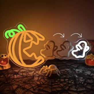 Halloween Pumpkin Eat Ghost Neon Sign Funny Spooky Pumpkin Led Sign Halloween Decorations Dimmable Spooky Neon Light Up Sign For Window Party Wall Art Door Home