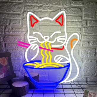 Fortune Cat Ramen Neon Sign, Dimmable Japanese Lucky Cat Noodle LED Neon Sign for Wall Decor, USB Powered for Restaurant Bar Party Bedroom Birthday Gifts(15.7 * 12.7in)