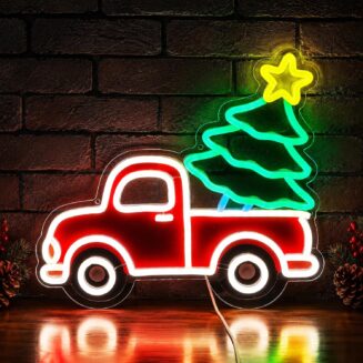 Christmas Truck LED Neon Sign, Pickup with Xmas Tree Holiday Wall Decor