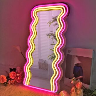 jXIN Wavy Mirror Neon Signs for Wall Decor, Wall Mounted Irregular Decorative Mirrors with Dimmable Neon Lights as Gifts for Women Girls, Funny Preppy Room, Room and Office Decor
