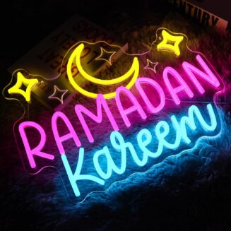 Ramadan Kareem Neon Sign for Wall Decor Dimmable Moon Stars Shape Led Sign for Islamic Eid Neon Light for Muslim Holiday Decoration Holy Celebration Decor Home Party Supplies