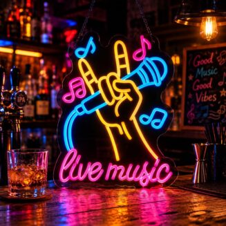 Live Music Neon Sign, Rock Hand Microphone LED Wall Decor - Dimmable Music Light for Bar, Pub, Karaoke Lounge, Man Cave, Home Theater, Music Lovers