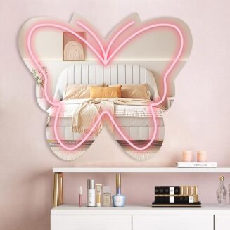 Anime Butterfly Mirror with Light Neon Signs for Locker Room Living Room Girl's Bedroom, Cute Acrylic Mirror with Dimmable for Girl Gifts, Wall Mirror