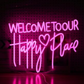 Welcome To Our Happy Place Neon Sign LED Pink Our Happy Place Neon Light With USB for Wall Decor Dimmable Happy Letters Light Up Sign for Bedroom Wedding Party Home Decor