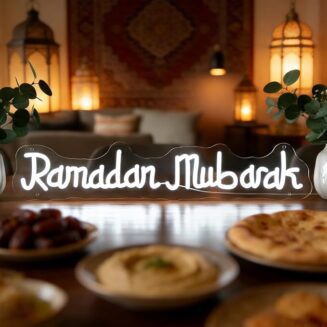 Ramadan Mubarak Neon Sign, White Islamic Eid Mubarak LED Neon Light for Wall Decor, Dimmable Ramadan Light up Sign Gift for Home, Eid Party, Muslim Family 18 * 3.5in