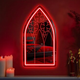 Gothic Window Mirror Neon Sign, Red Medieval Cathedral Style LED Wall Light