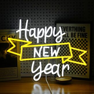 Happy New Year Neon Sign USB Powered Near Year Neon Light Sign for Wall Decor 16.5 * 12.6 in Dimmable LED New Year Light Sign for New Year Party Home Business Decoration (White Yellow)