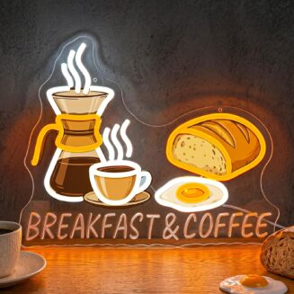 Breakfast & Coffee Neon Sign, LED Coffee Neon Light for Wall Decor, Dimmable Coffee Station Sign for Kitchen, Bar, Shop, Cafe, Home Office Essentials, Gift for Women