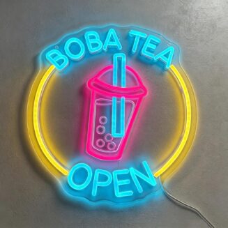Boba Tea open Neon Sign Bubble Tea Neon Lights 13.5x12.6'' Round USB Powered Dimmable LED Bubble Tea Light for Wall Decor