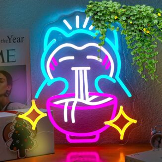 Ramen Neon Sign Cute Bear Noodles Neon Sign for Wall Decor LED Dimmable Japanese Wall Decor Neon Light USB Poweredfor Gaming Rooms, Restaurants, Bars & Kids Bedrooms, Creative Gift with Safe Indoor(13.7inx12.5in) (blue)