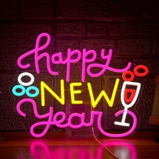 Happy New Year Neon Sign USB Powered Led New Year Wine Glass Sign Colorful Letter Neon Light for New Years Party Bedroom Decoration